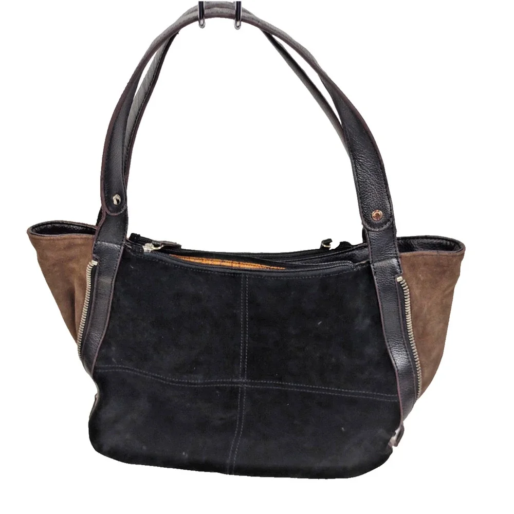 TIGNANELLO Black & Brown Suede/Leather Expandable Hobo Shoulder Bag Handbag
